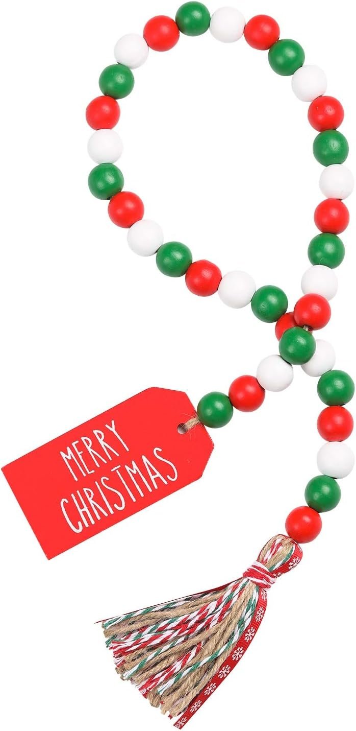 Christmas Wood Bead Garland with Tassels, Red Green White, Rustic Farmhouse