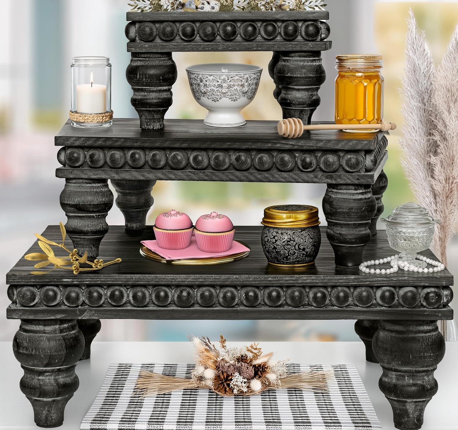 Decorative Wooden Tiered Tray Stand Display Risers, Set of 3, Black
