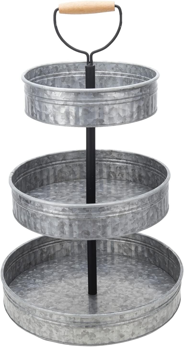 Vipush Farmhouse Metal Tiered Tray, Rustic Galvanized 3 Tier Serving Stand