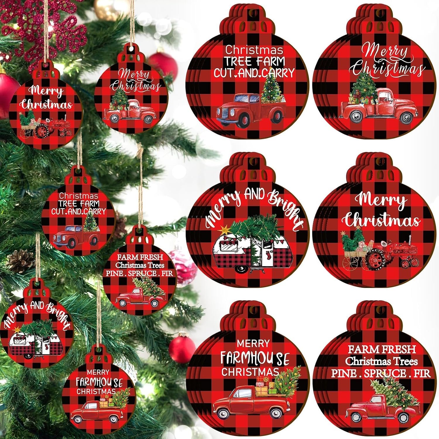Gerrii 24 Pcs Christmas Red Truck Ornaments, Buffalo Plaid Wooden Tags