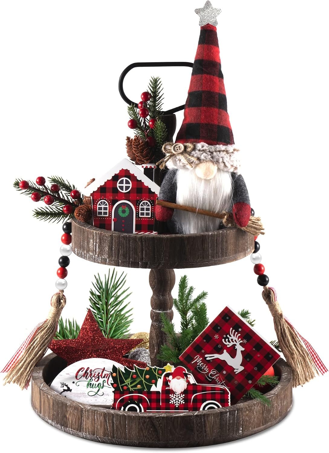 Christmas Tiered Tray Decorations Set, 13 Pcs Farmhouse Decor with Gnome and Wooden Signs