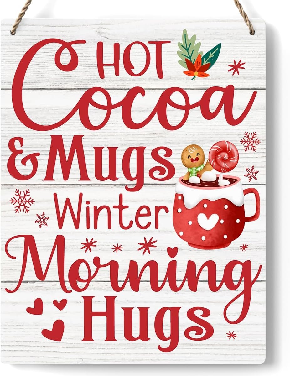 Hot Cocoa Christmas Wood Sign, Rustic Hanging Plaque, 8x10 Inch