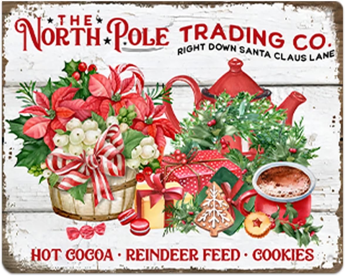 North Pole Trading Co Bakery Tin Sign, Hot Cocoa Reindeer Feed Cookies