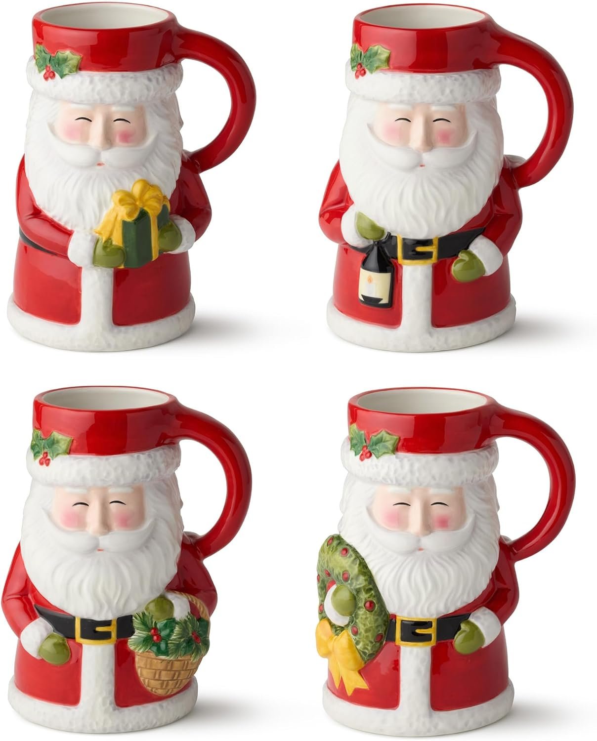 Santa Delight 3-D Mugs, Set of 4, 18 oz Sculptural Santa Face Ceramic Mugs