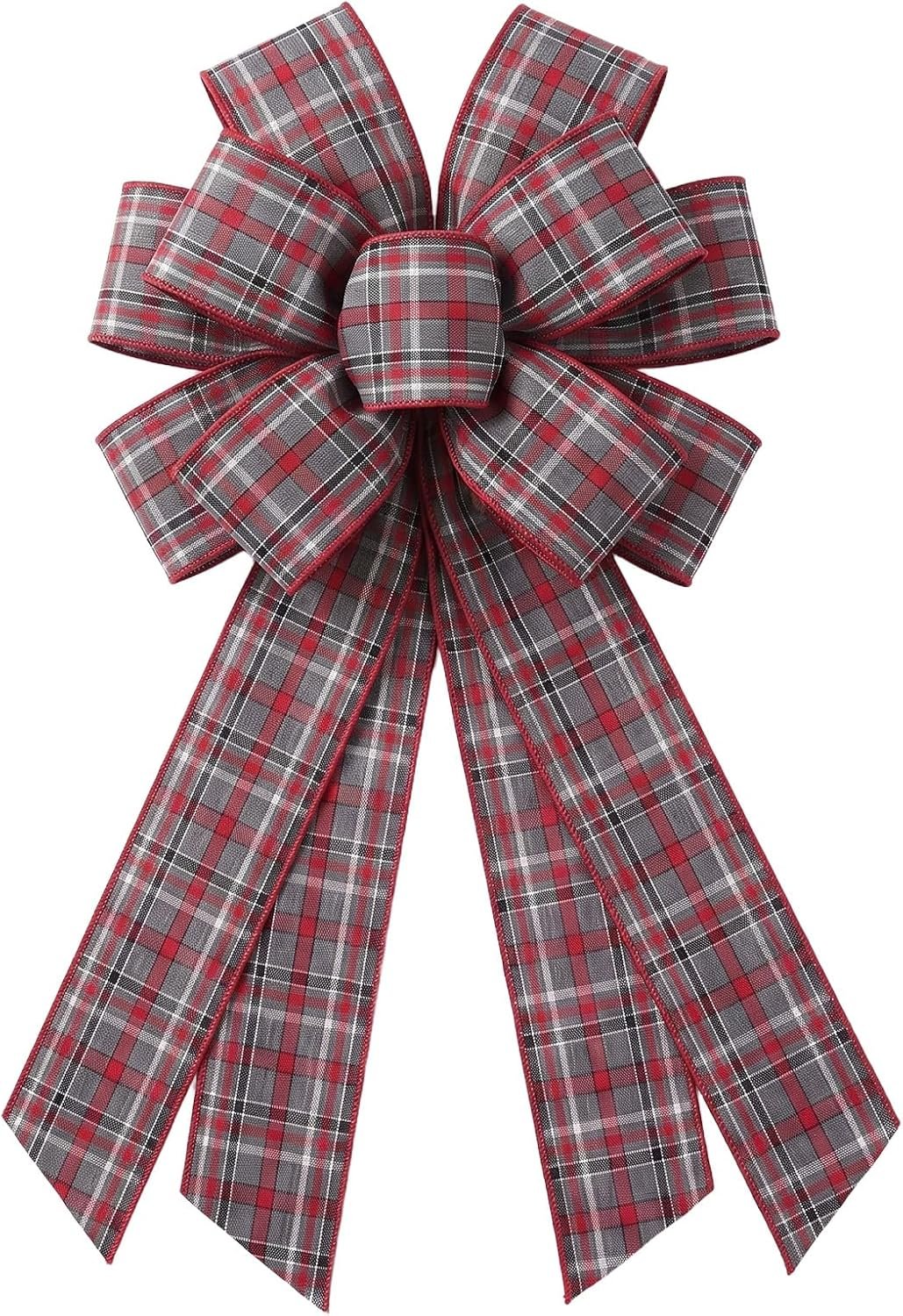 Christmas Plaid Wreath Bow, Red and Grey Tartan Farmhouse Ribbon