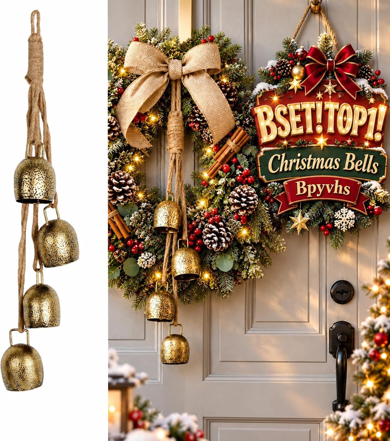 Vintage Gold Christmas Bells on Jute Rope, Wreath Door Decor