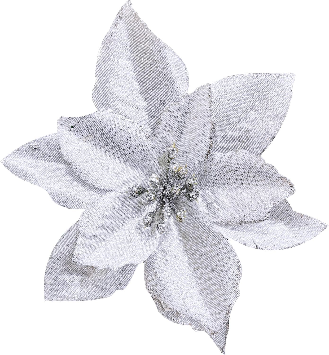 Winlyn 24 Set Silver Glitter Poinsettia Flower Picks