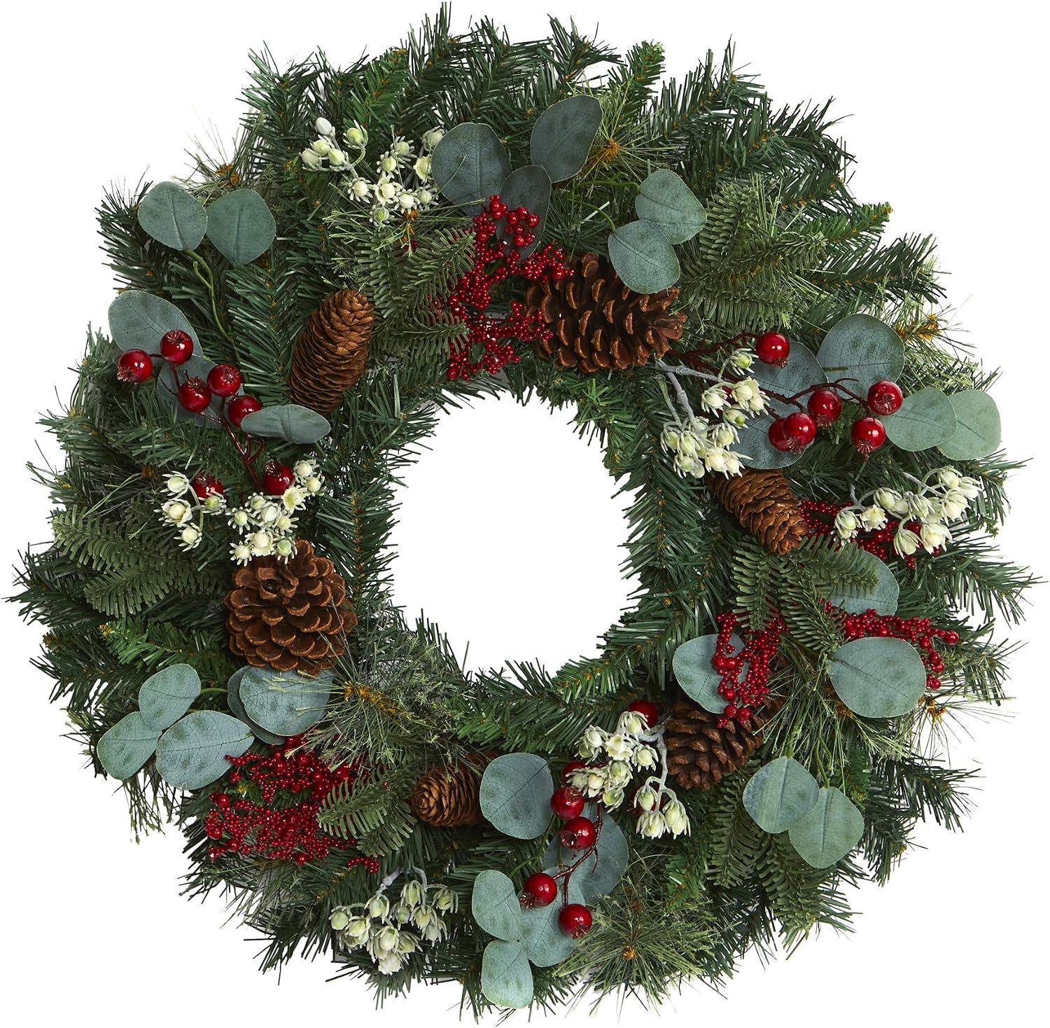 Nearly Natural 24in. Eucalyptus and Pine Artificial Wreath with Berries and Pine Cones