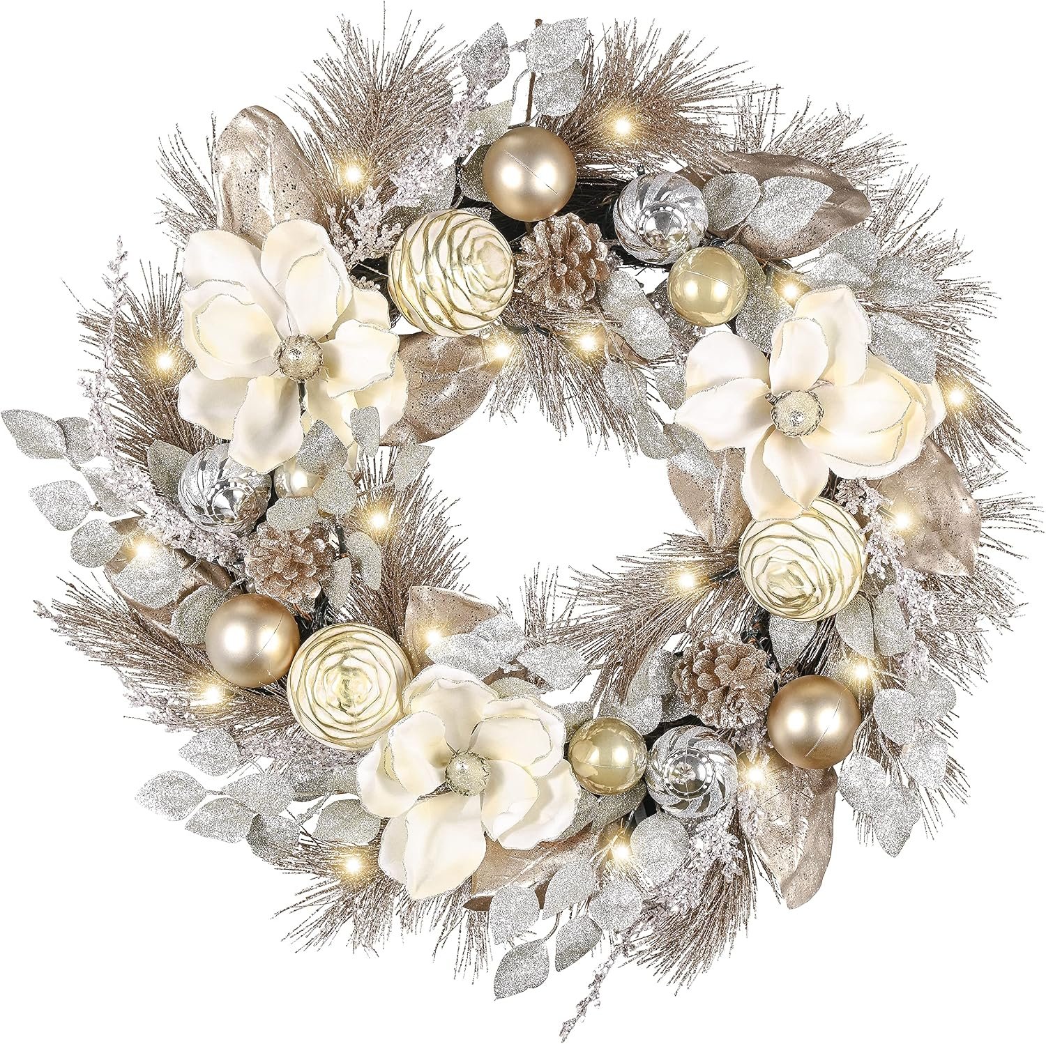 Valery Madelyn 24'' Pre-Lit Christmas Wreath, Champagne Gold Balls and Magnolia