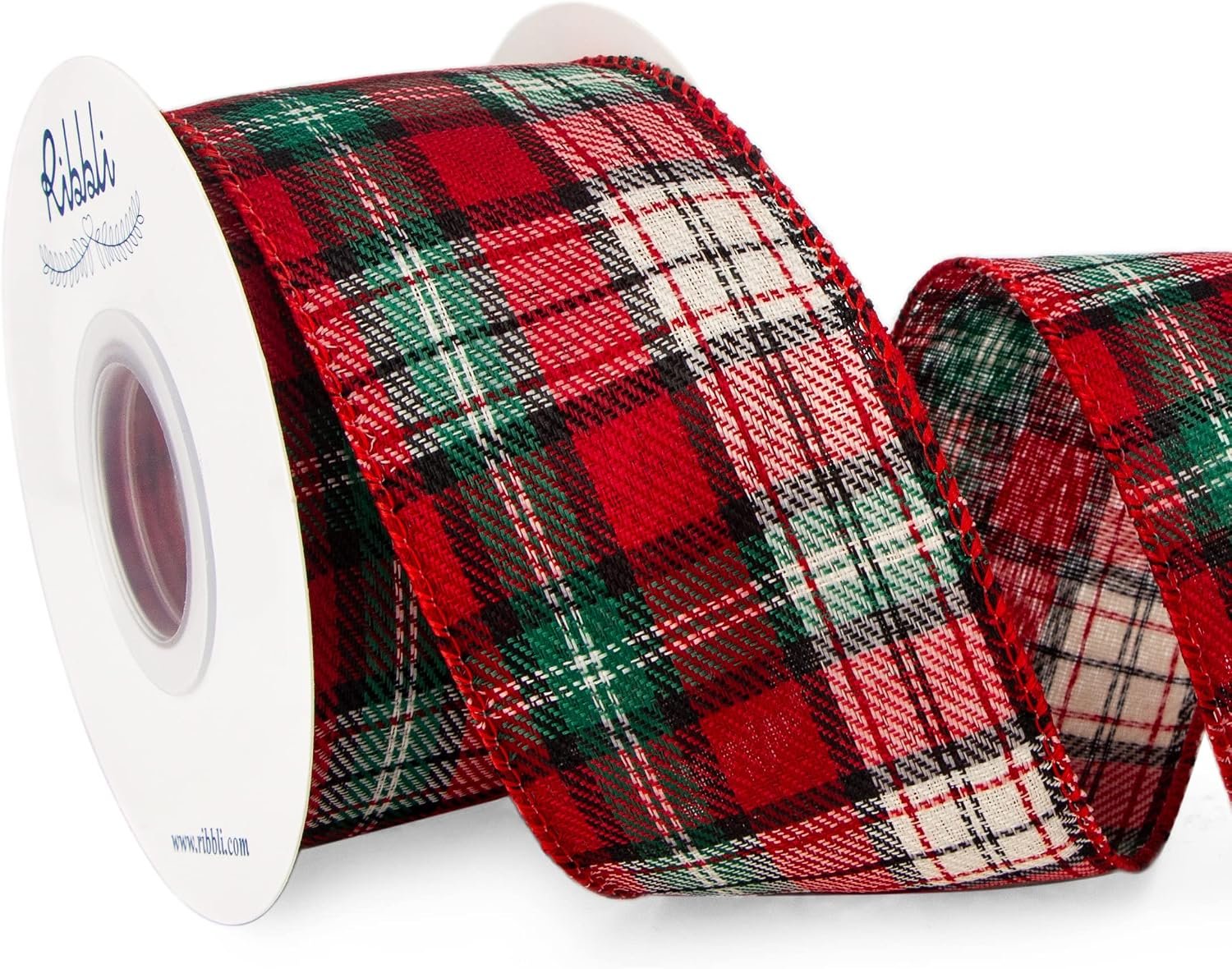 Ribbli Christmas Plaid Wired Ribbon, Red/Green/Ivory, 10 Yard