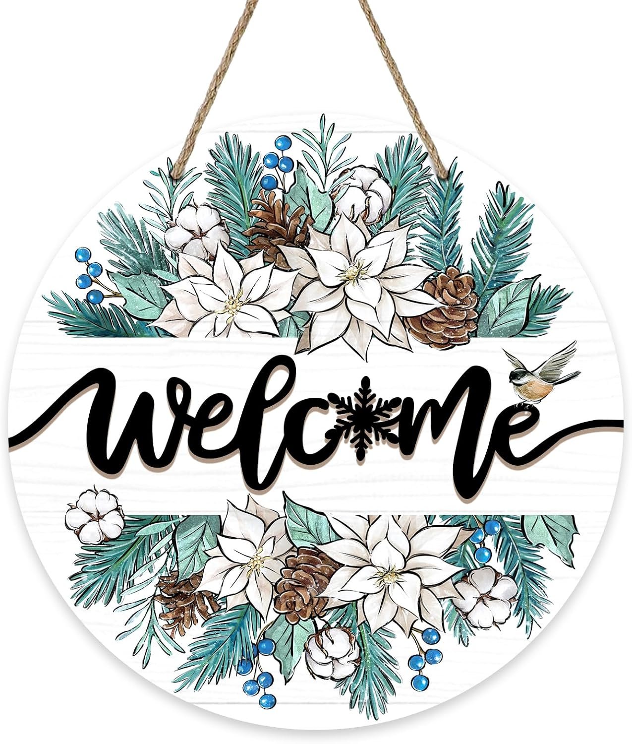 Deroro Welcome Winter White Poinsettia Snowflake Front Door Sign