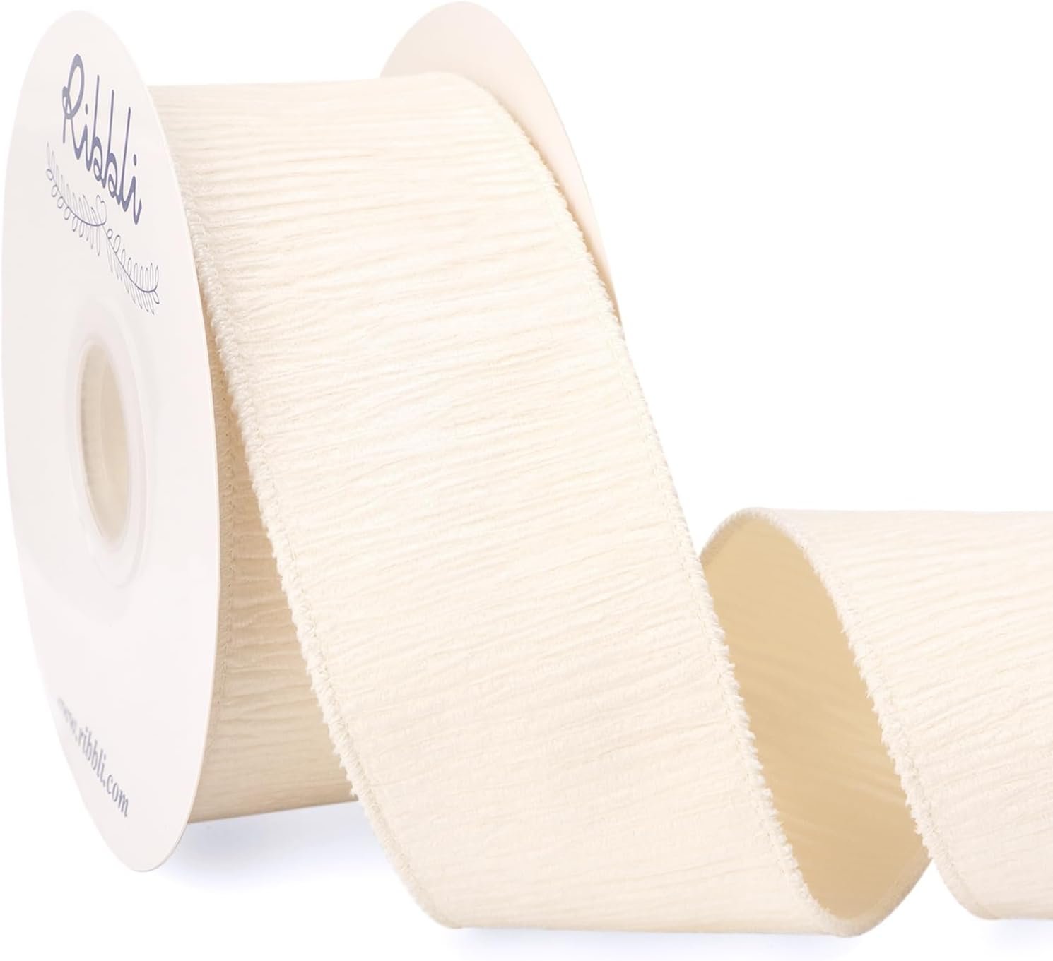 Ribbli Ivory Crinkled Velvet Wired Ribbon, 2.5 Inch