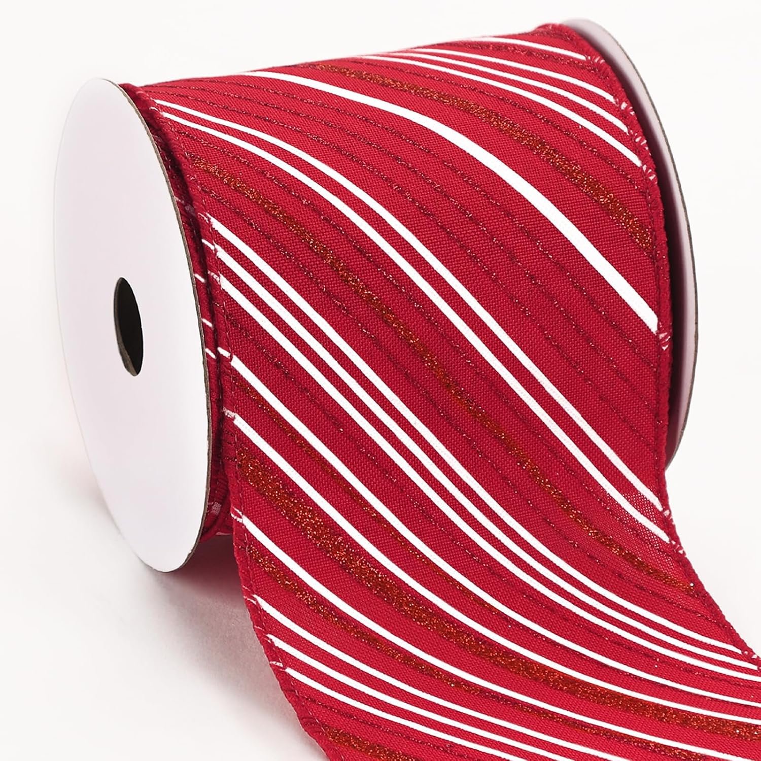 Paper Fair 4 Inch Candy Cane Christmas Wired Ribbon, Red Glitter Stripe