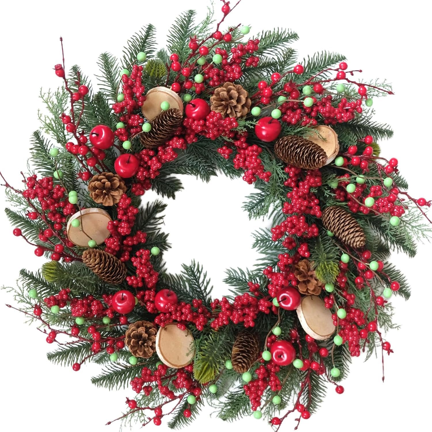 TEMPUS 22 Inch Rustic Winter Wreath with Red Berries, Pine Cones and Wood Slices