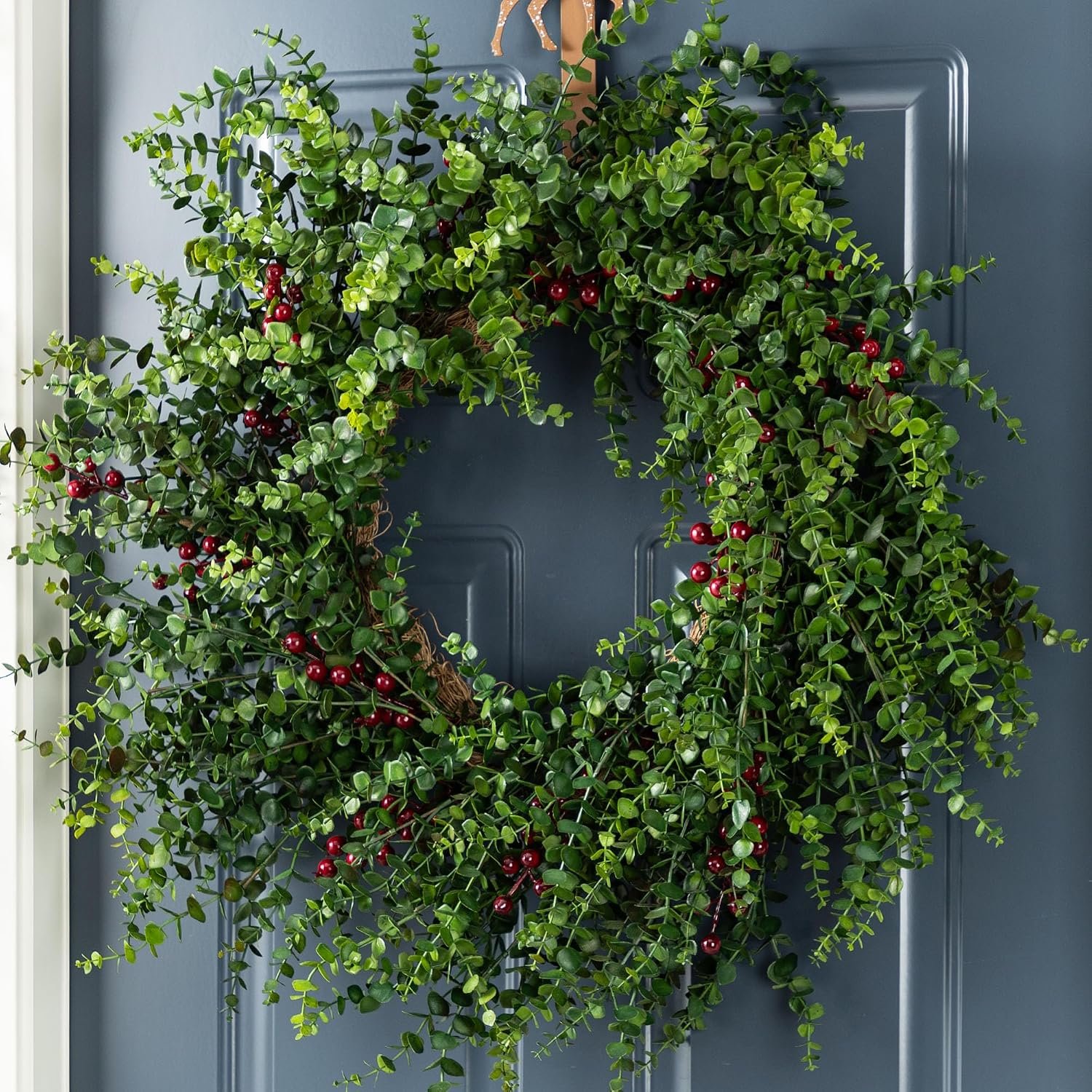 Glitzhome 28 Inch Eucalyptus Wreath with Red Berries for Front Door