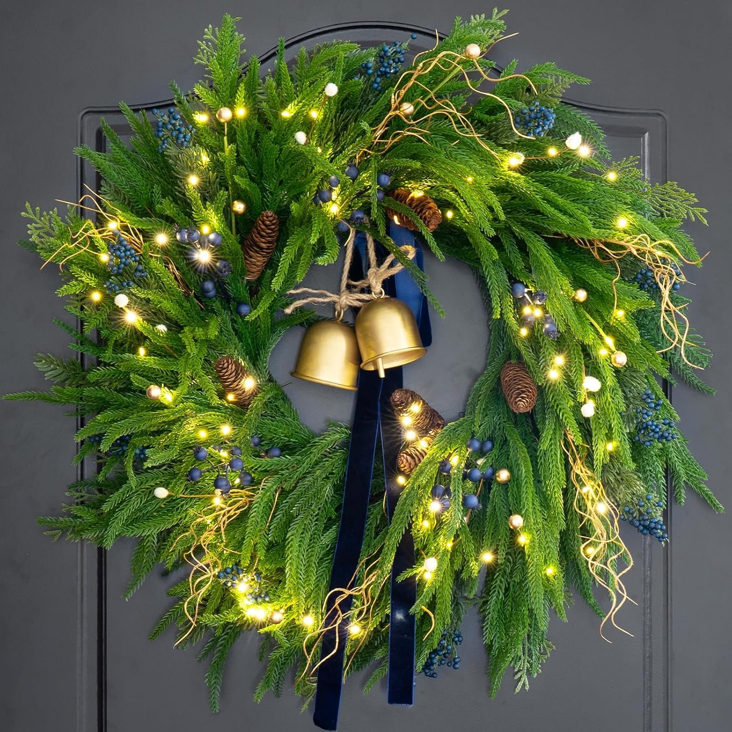 Pre-Lit Norfolk Pine Christmas Wreath with Bells and Velvet Ribbon, 24"