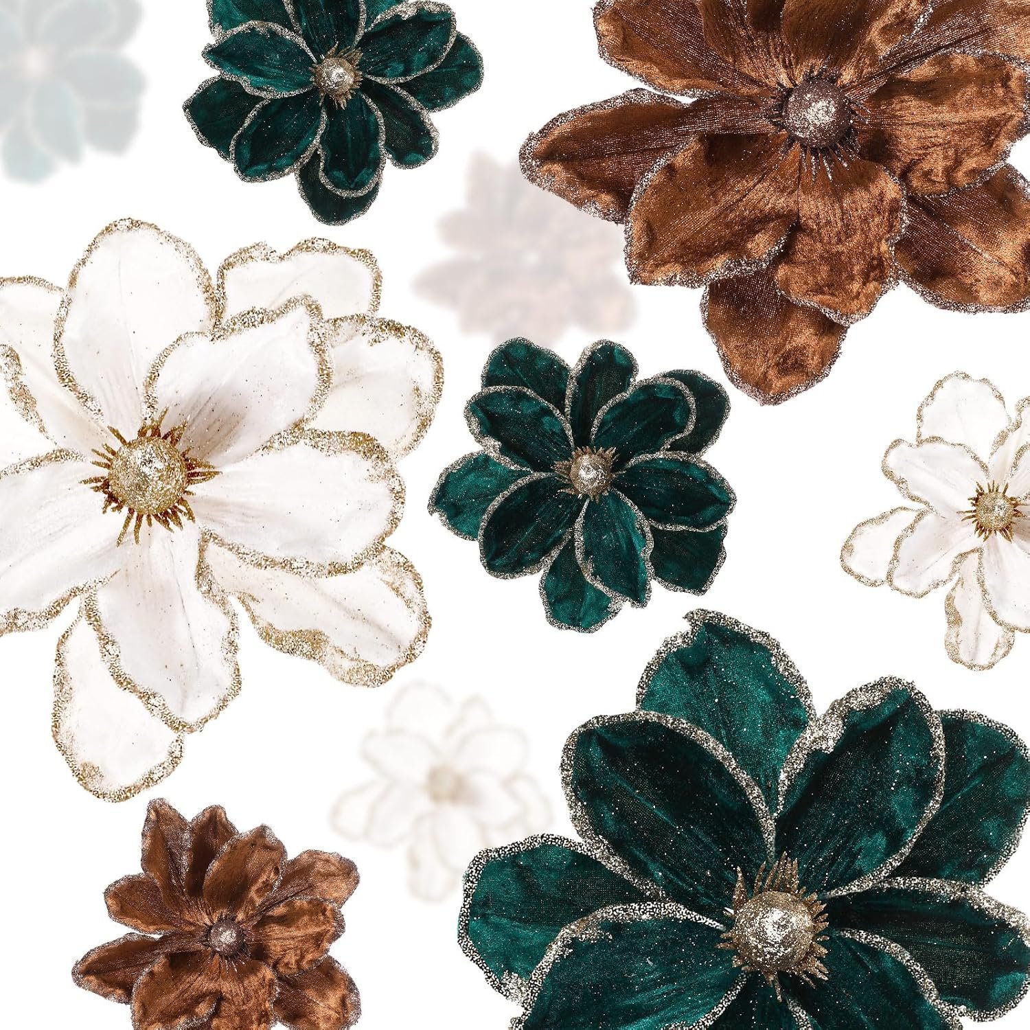 Suncalla 24 Pcs Christmas Velvet Magnolia Flower Picks, Brown Green Cream