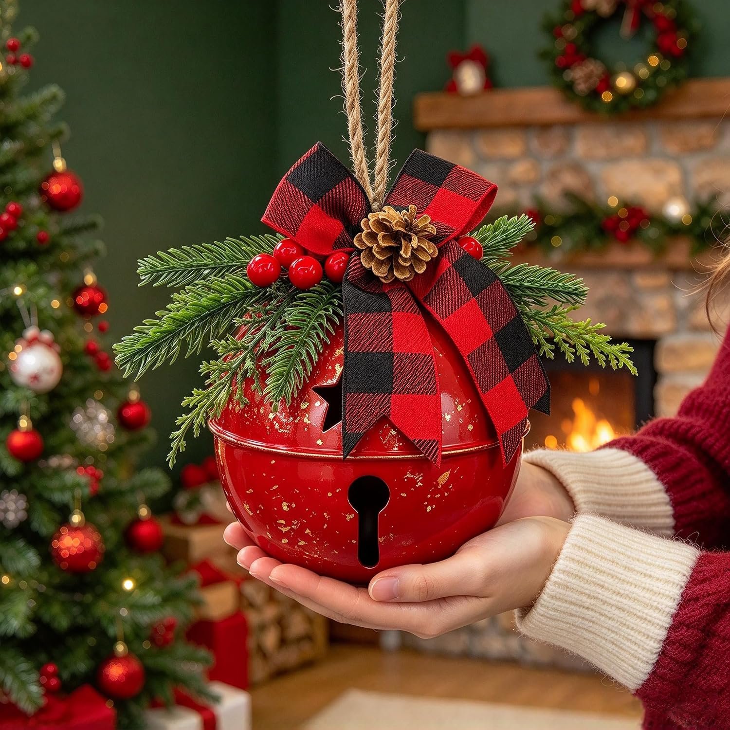 6 Inch Large Red Jingle Bell Decoration, Buffalo Plaid Bow with Pine Cone