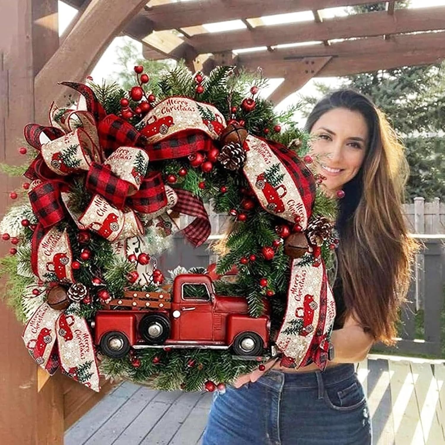 Vintage Red Truck Christmas Wreath, Buffalo Plaid Bow, Pinecones and Jingle Bells
