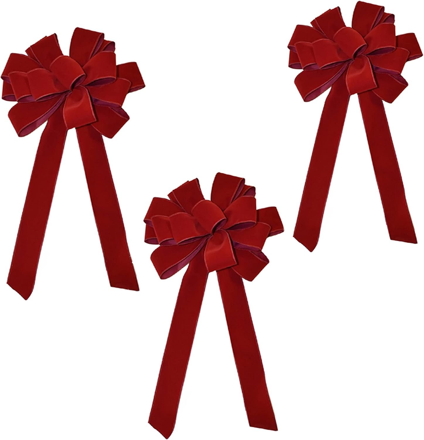 Set of 3 Wired Red Velvet Christmas Bows