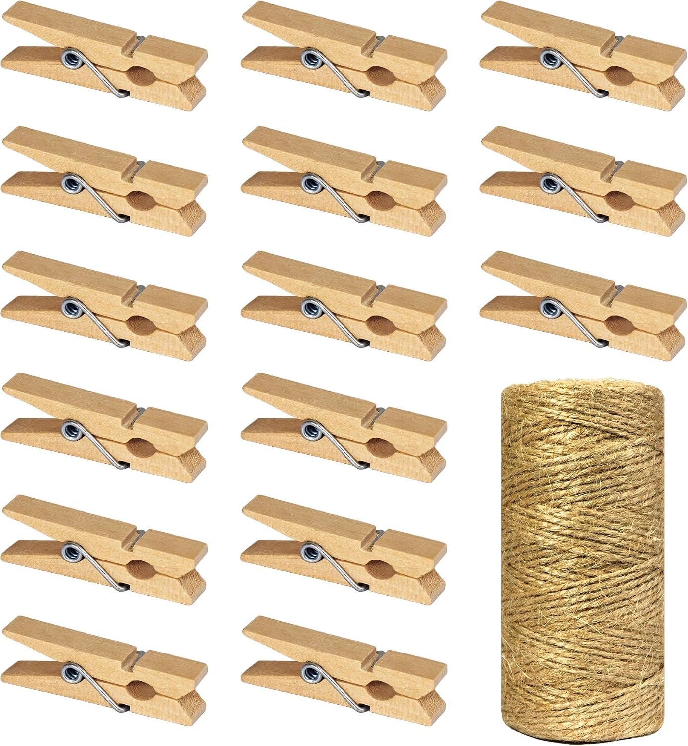 Mini Wooden Clothespins with Jute Twine, 100 Pcs, 1.4 Inch
