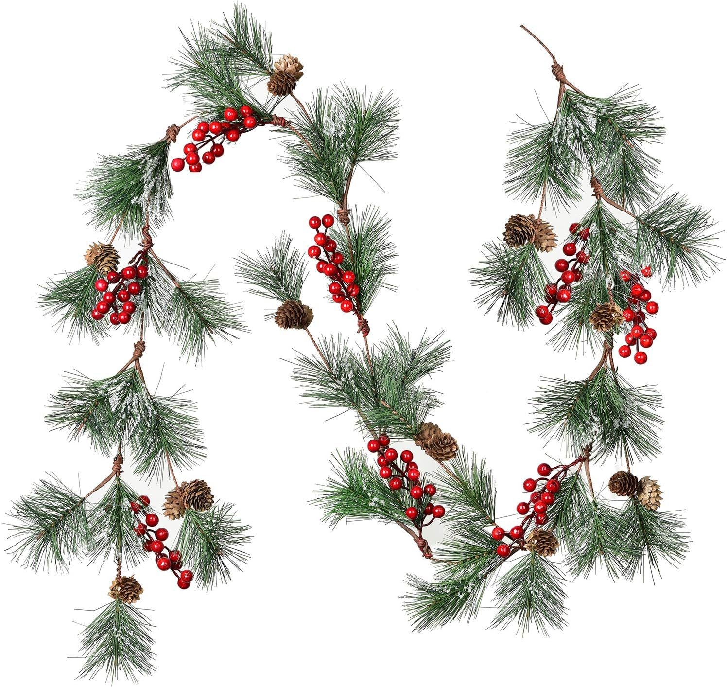 Artiflr 6 Feet Christmas Pine Garland with Berries and Frosted Pinecones
