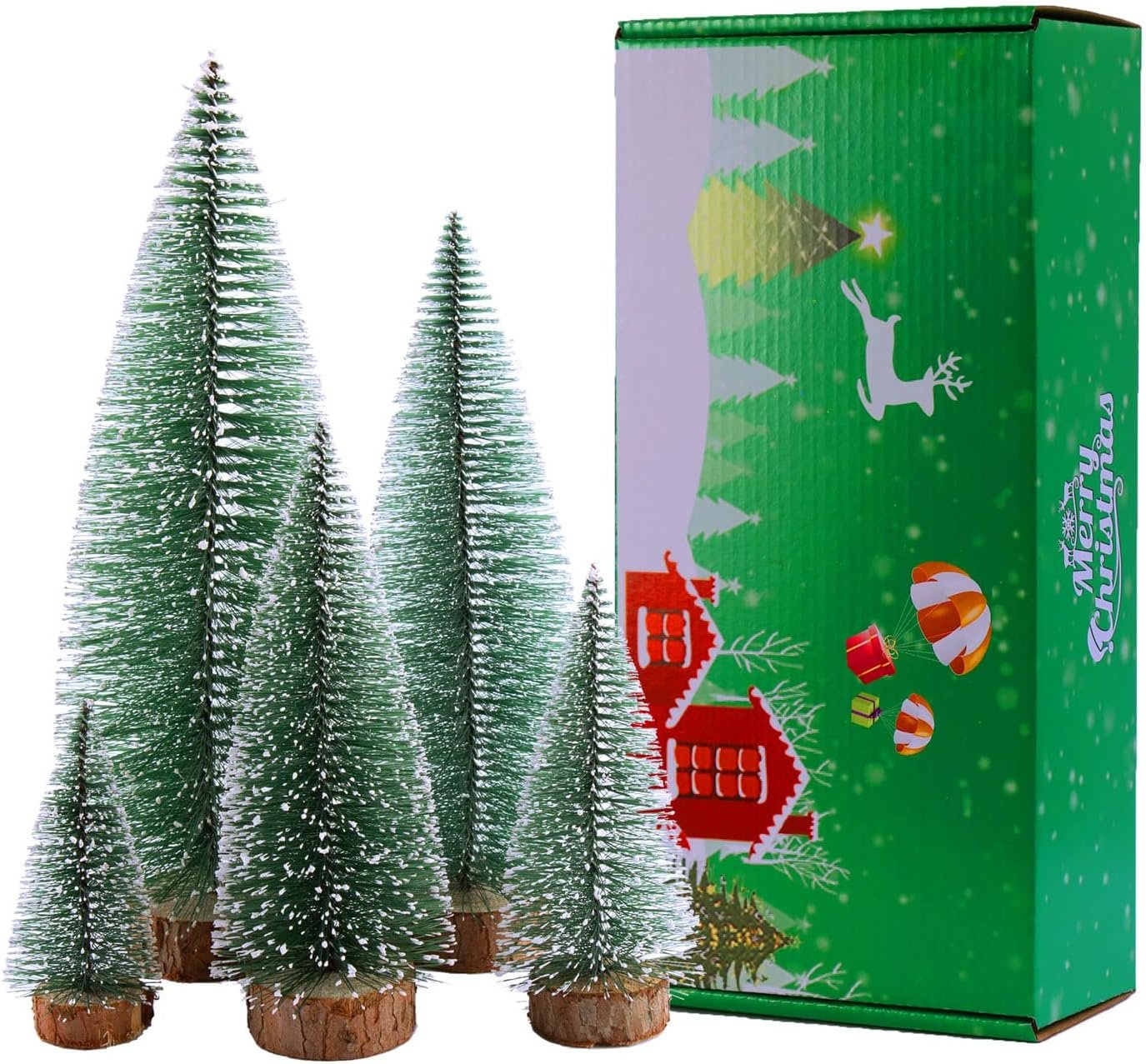 Bottle Brush Christmas Trees, 5 Sizes, with Snow and Wooden Base