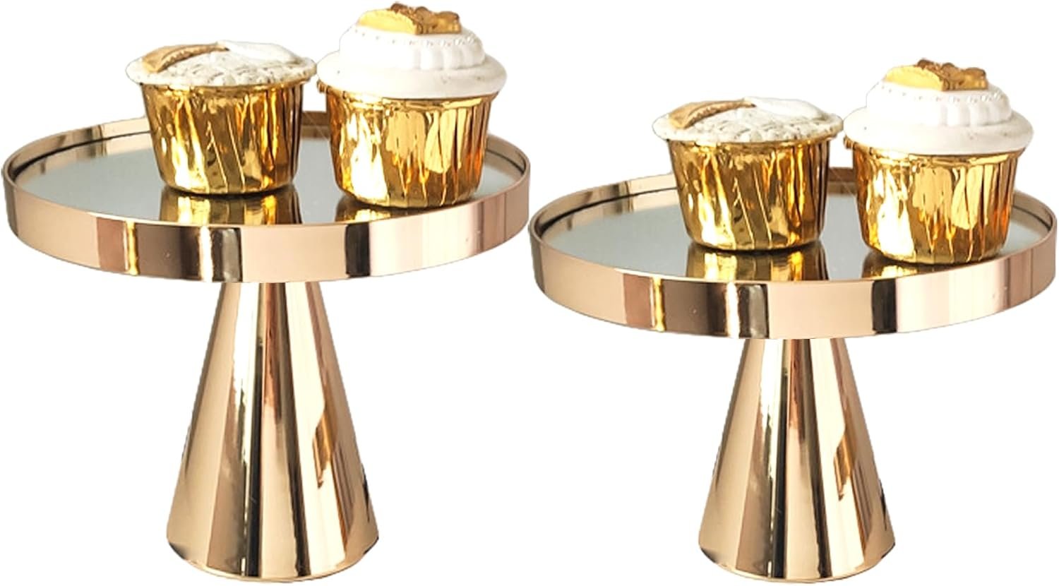 2 Pcs 8 Inch Round Gold Mirror Top Cake Display Stand
