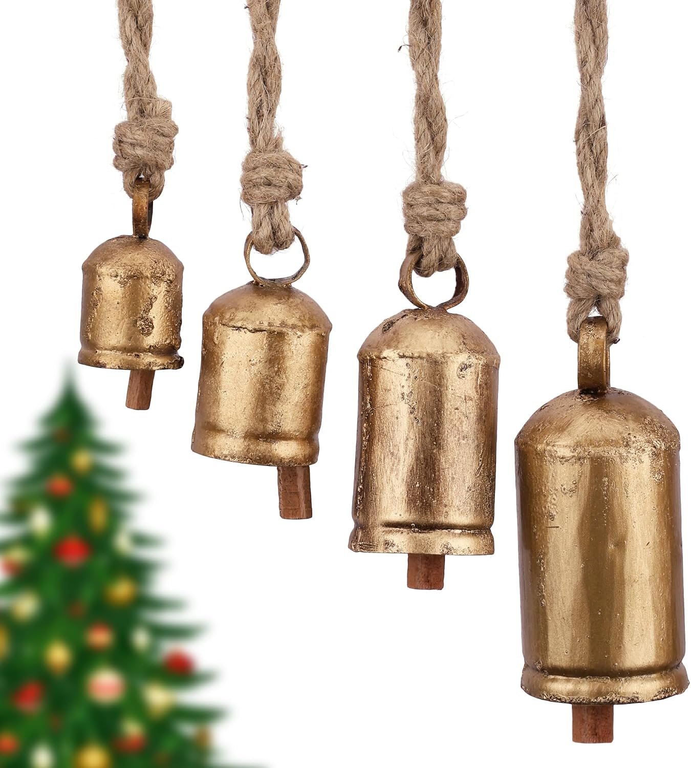 Rustic Metal Cow Bells Set, 4 Hanging Bells with Jute Rope