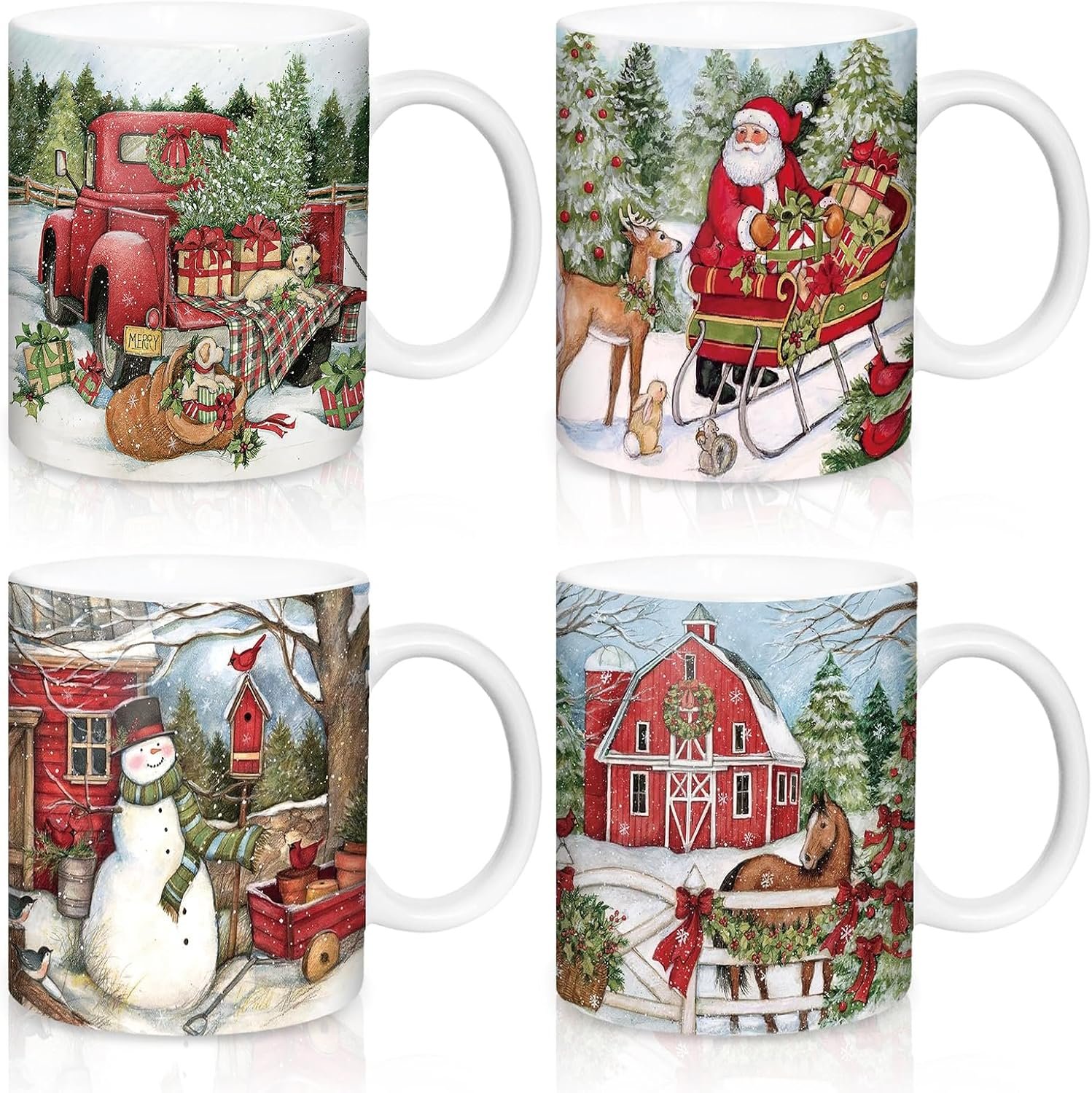 Whaline 4 Pcs Vintage Christmas Mug Set, Santa Snowman, 12 oz