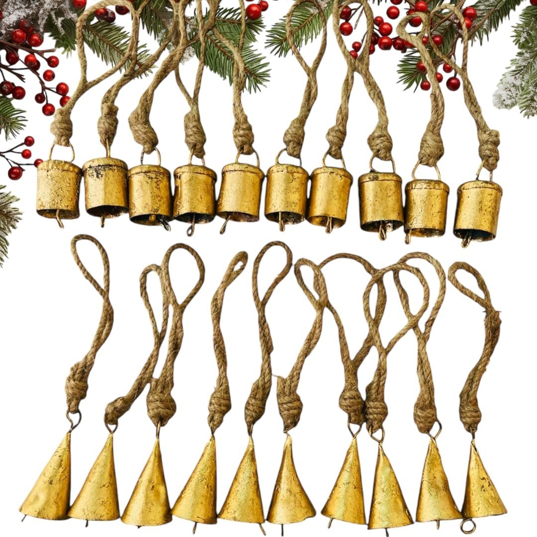 Mie Creations Set of 20 Rustic Vintage Tin Bells on Jute Rope