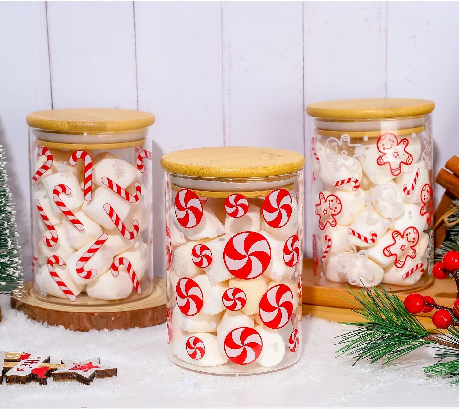 JarThenaAMCS 3 Pcs Christmas Glass Storage Jars, Red White Candy Cane