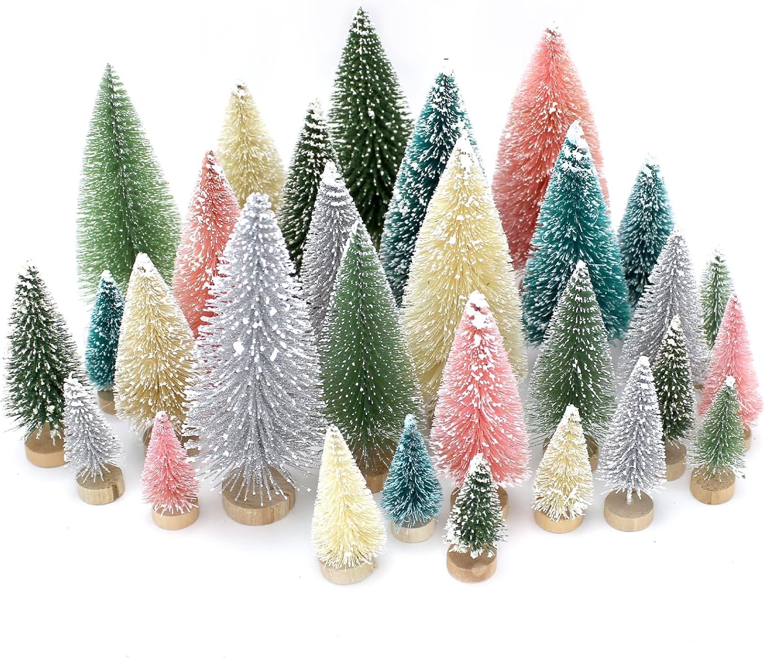 30 Pcs Mini Bottle Brush Christmas Trees with Wood Base