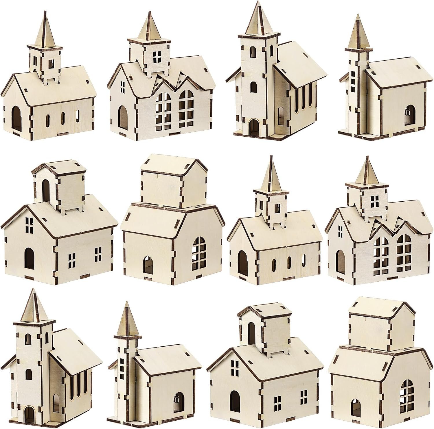 Hiboom 24 Pcs DIY Christmas Village Wood Houses and Church