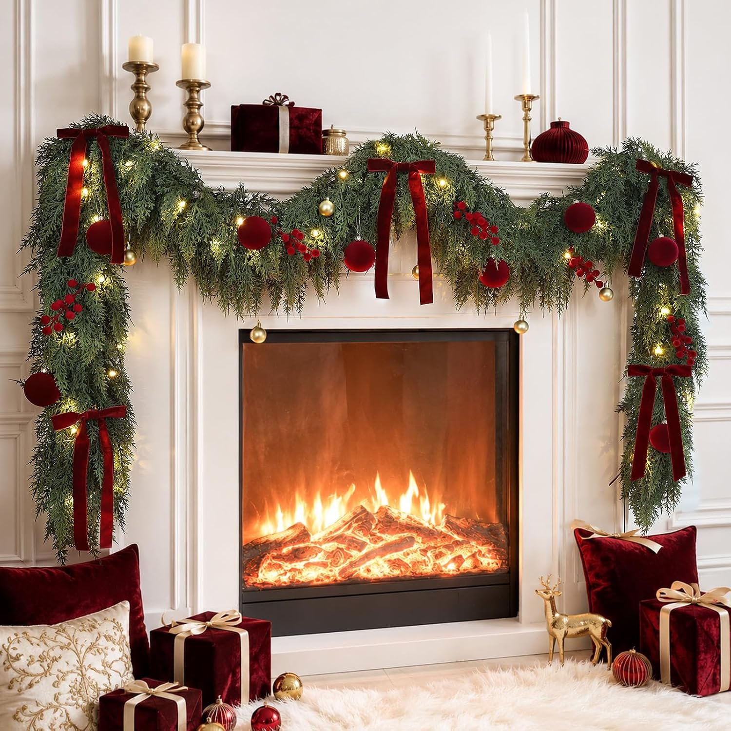 9FT Pre-Lit Cedar Christmas Garland with Lights and Ornaments
