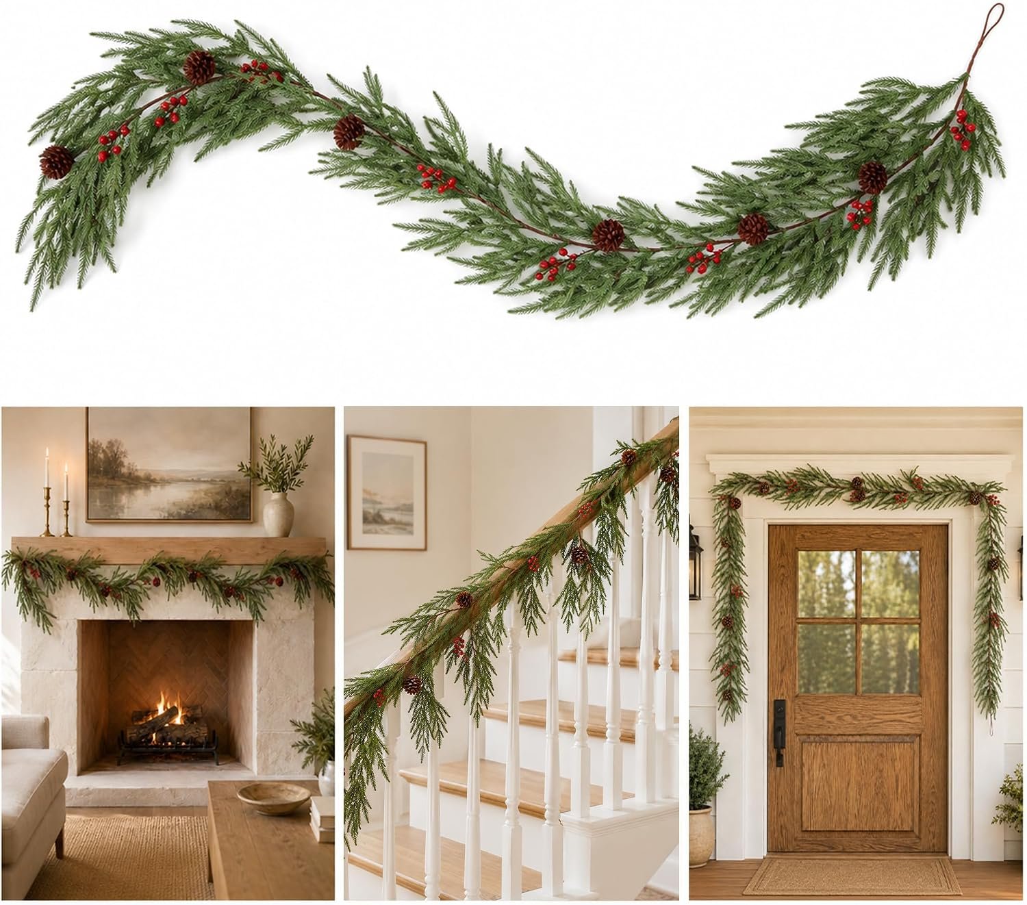 Norfolk Pine Christmas Garland for Mantle, 6 Ft, with Pinecones and Berries
