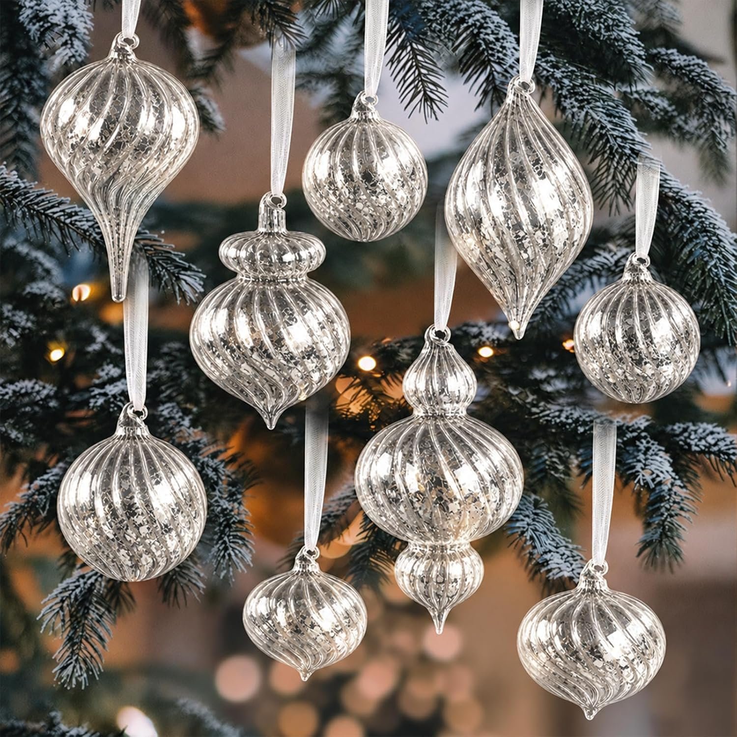 Vintage Silver Mercury Glass Christmas Ornaments, Assorted Shapes, 9 Pcs