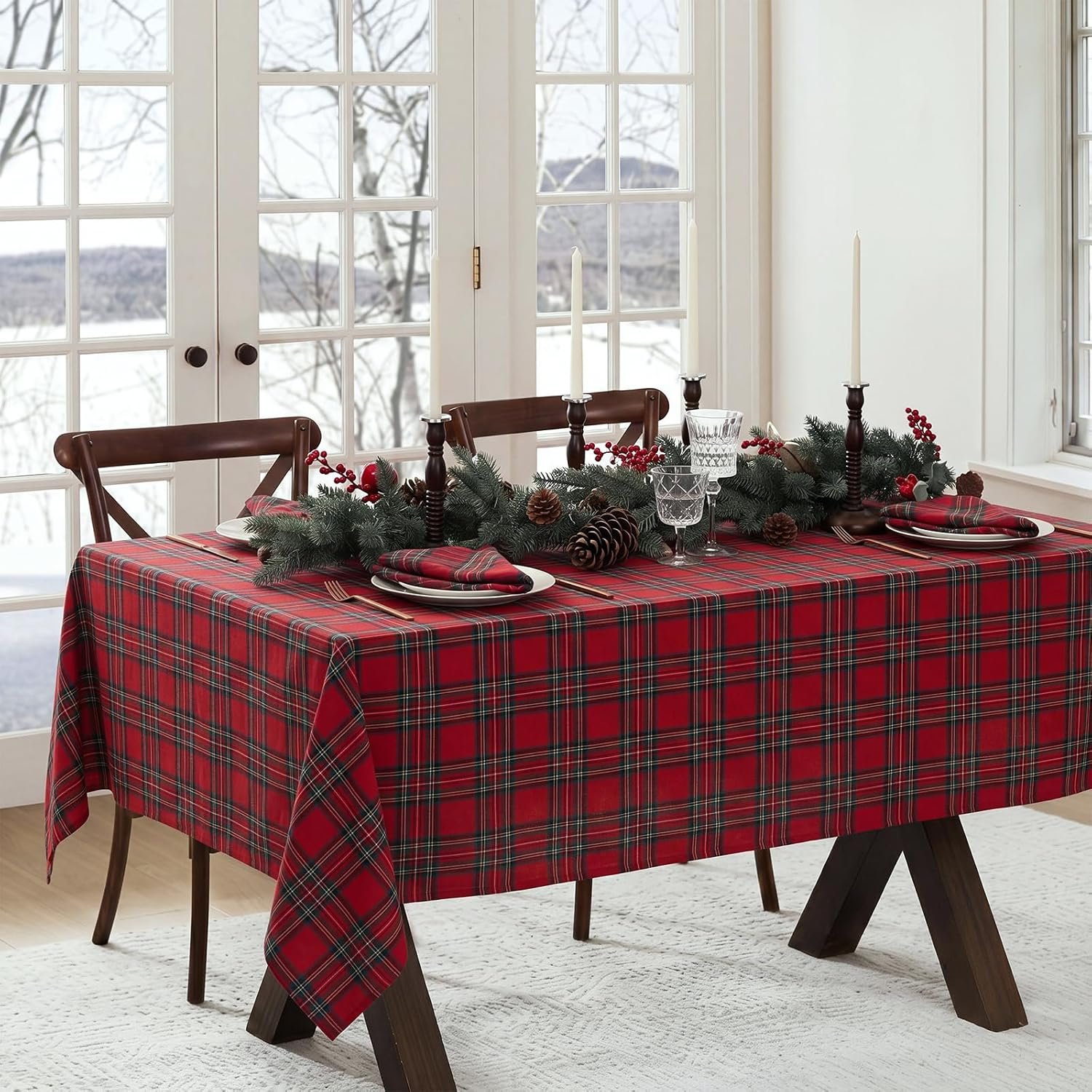 Christmas Cotton Tablecloth, Red Tartan Plaid, 60 x 120 Inch