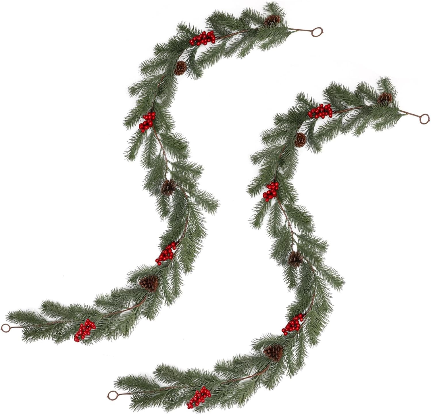 2 Pack 6FT Artificial Pine Christmas Garland with Red Berries and Pine Cones