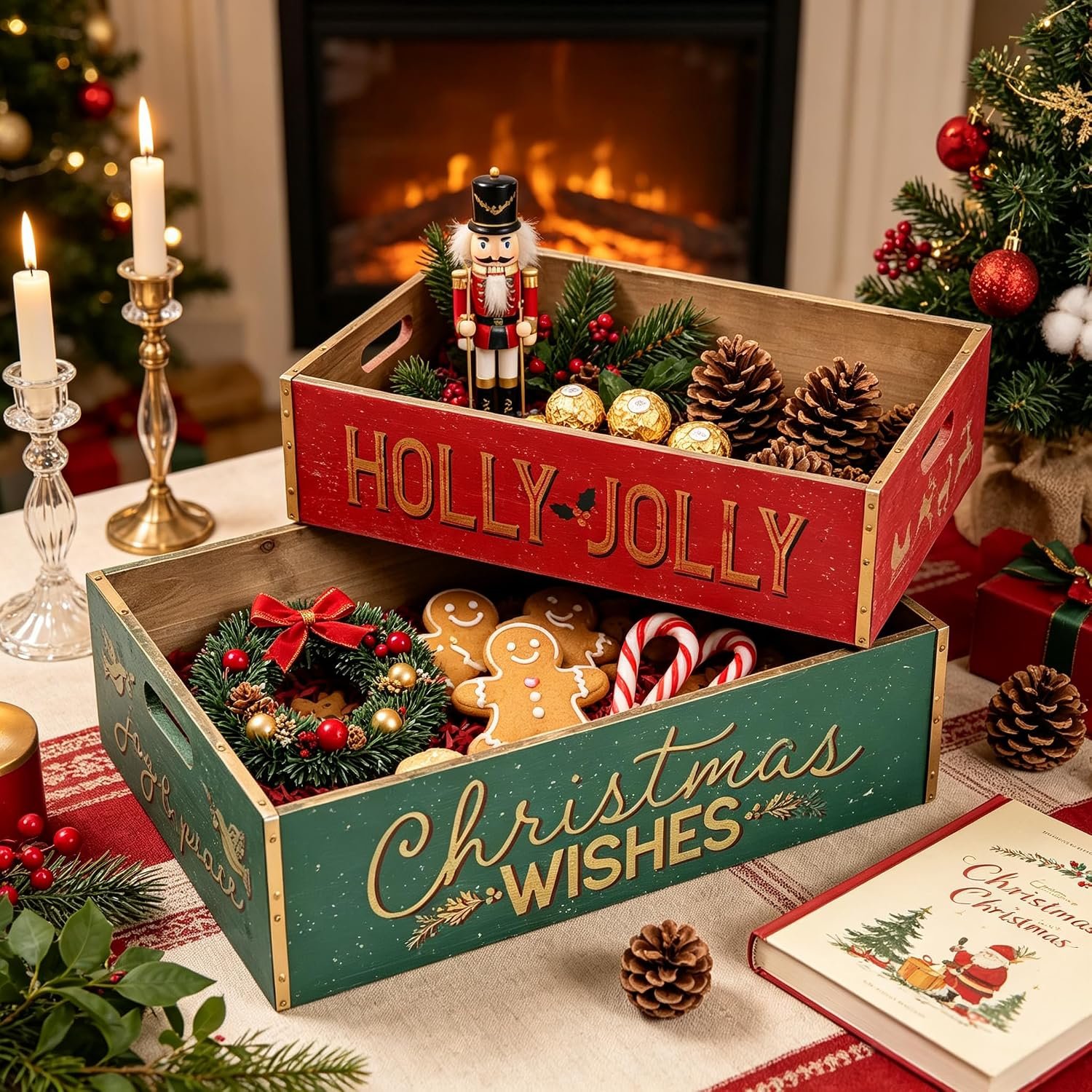 Extra Large Christmas Wooden Crate Set of 2, Holly Jolly Farmhouse