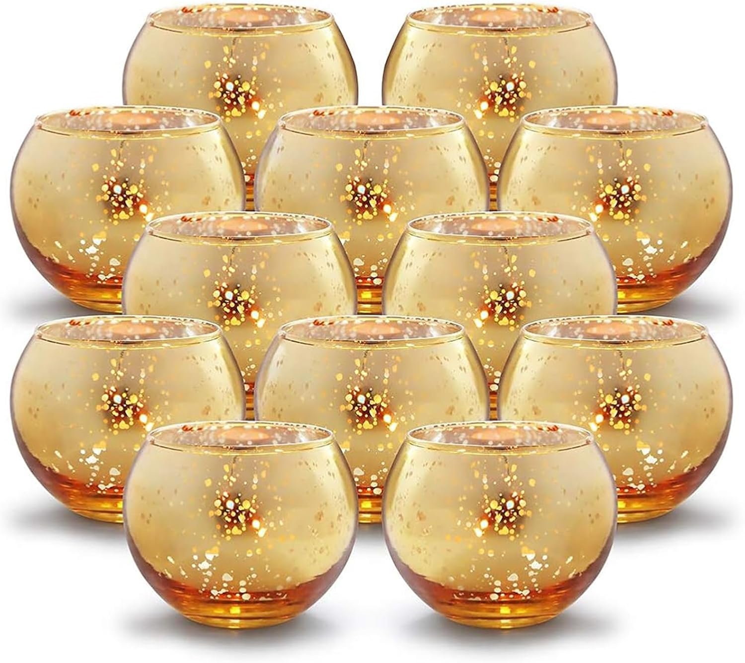 Volens Round Gold Votive Candle Holders, Mercury Glass, Set of 12