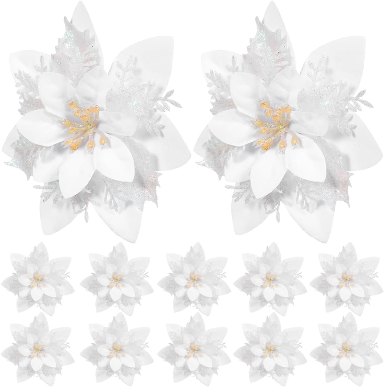 Alipis 12Pcs White Glitter Poinsettia Picks for Christmas Tree