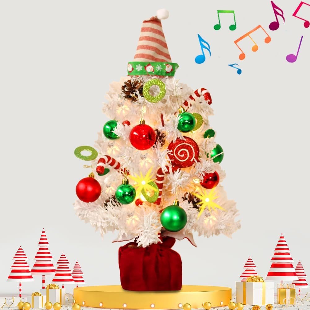 Mini White Christmas Tree, Small Flocked Pre-Lit Tabletop Tree