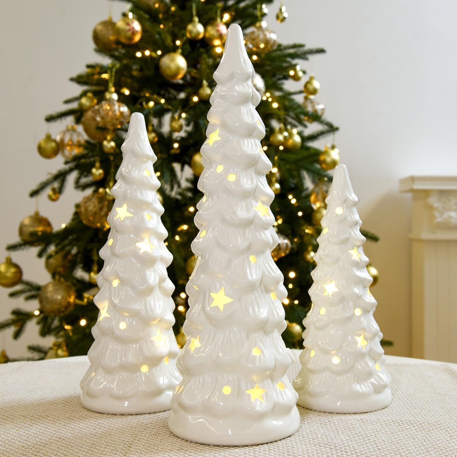 JETEHO Set of 3 White Ceramic Christmas Trees that Light Up