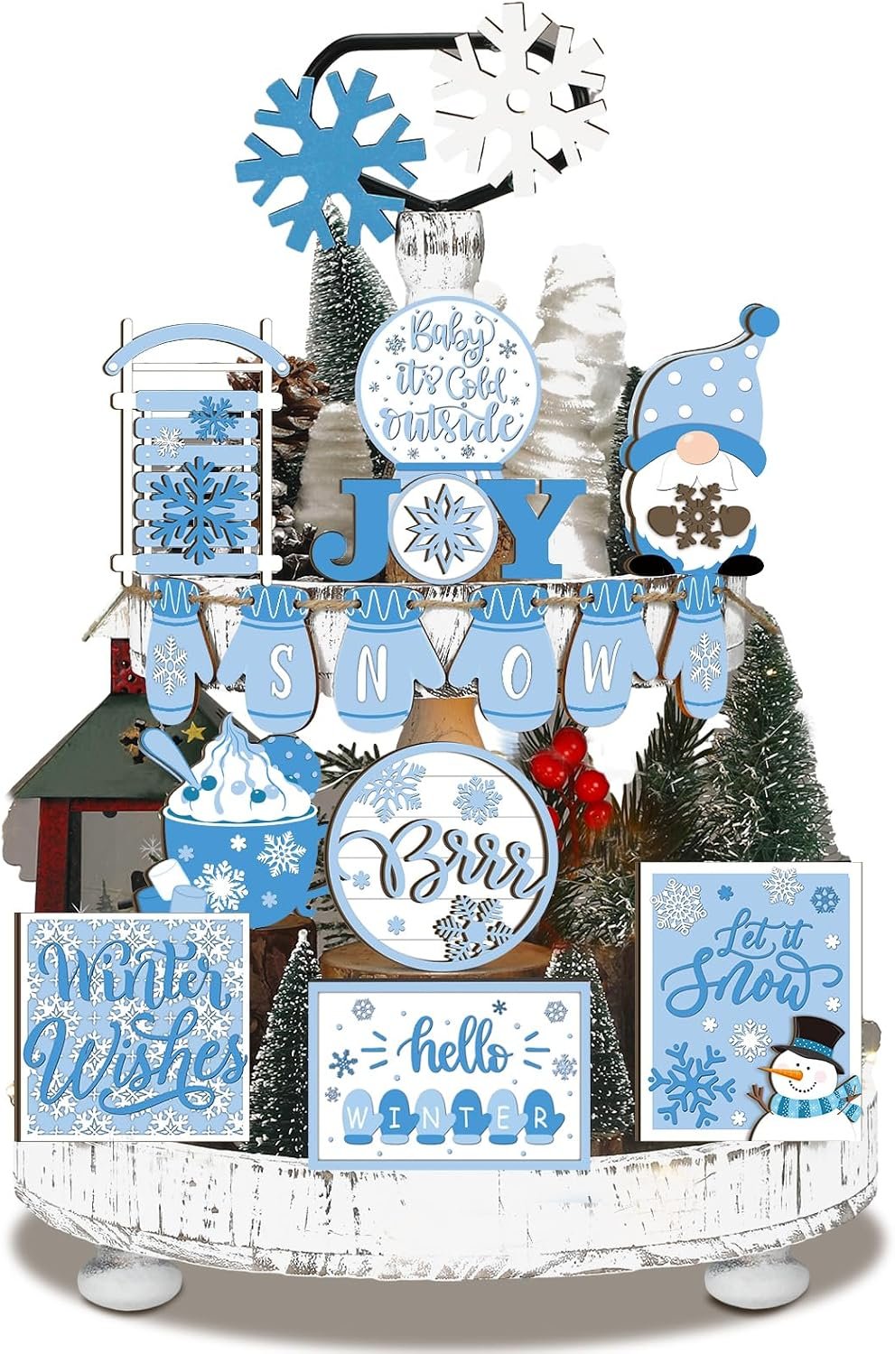 Funnymoom 22 Pcs Winter Tiered Tray Decor, Snowflake & Snowman
