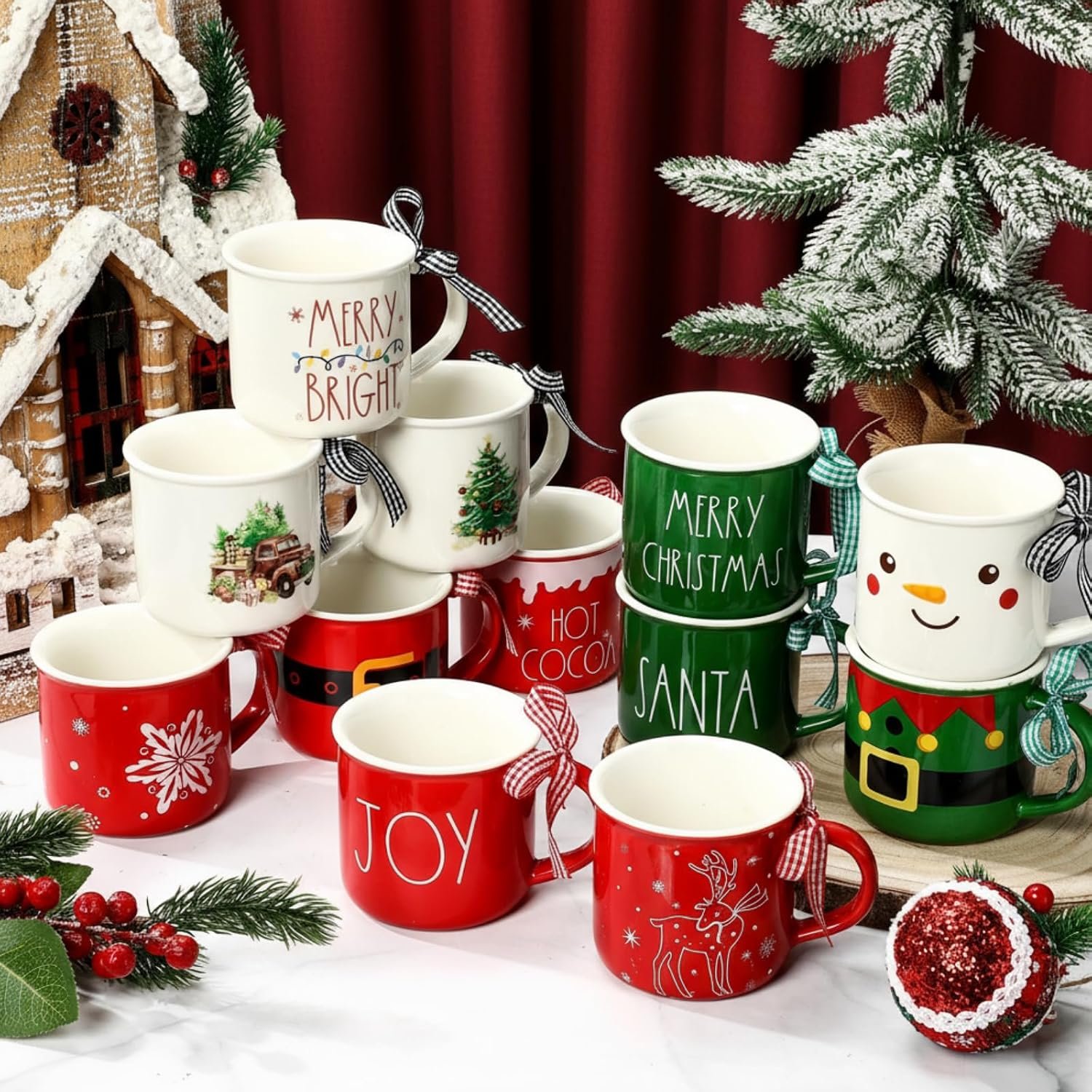 Baderke 12 Pcs Ceramic Christmas Snowflake Mug with Ribbon