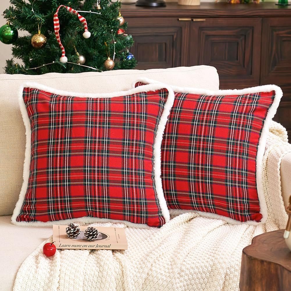 JOJOGOGO Christmas Red Tartan Plaid Pillow Covers, 20x20 Set of 2
