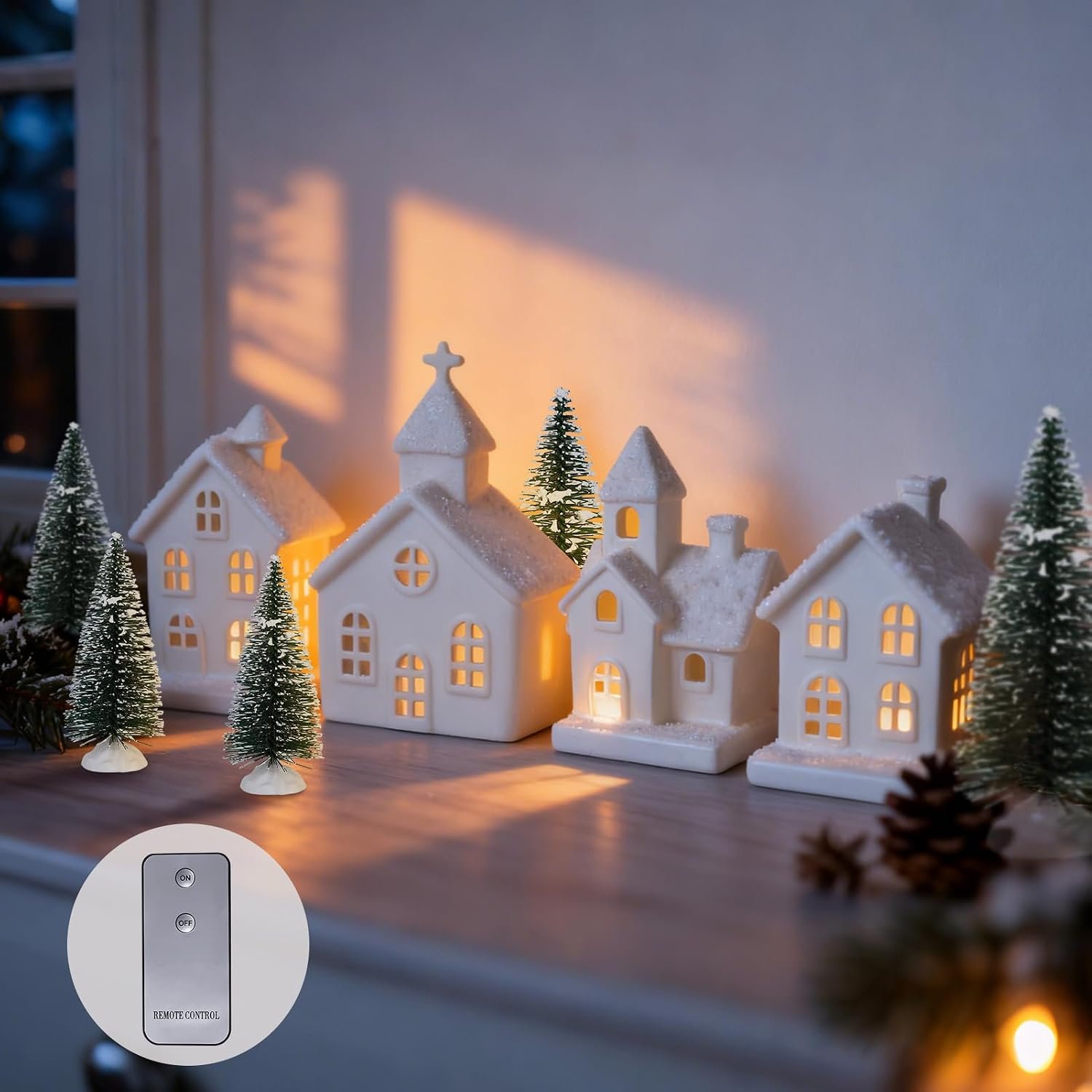 CHUANGLI 9 Pcs Light Up Christmas Village Set, Lighted Ceramic Houses & Trees