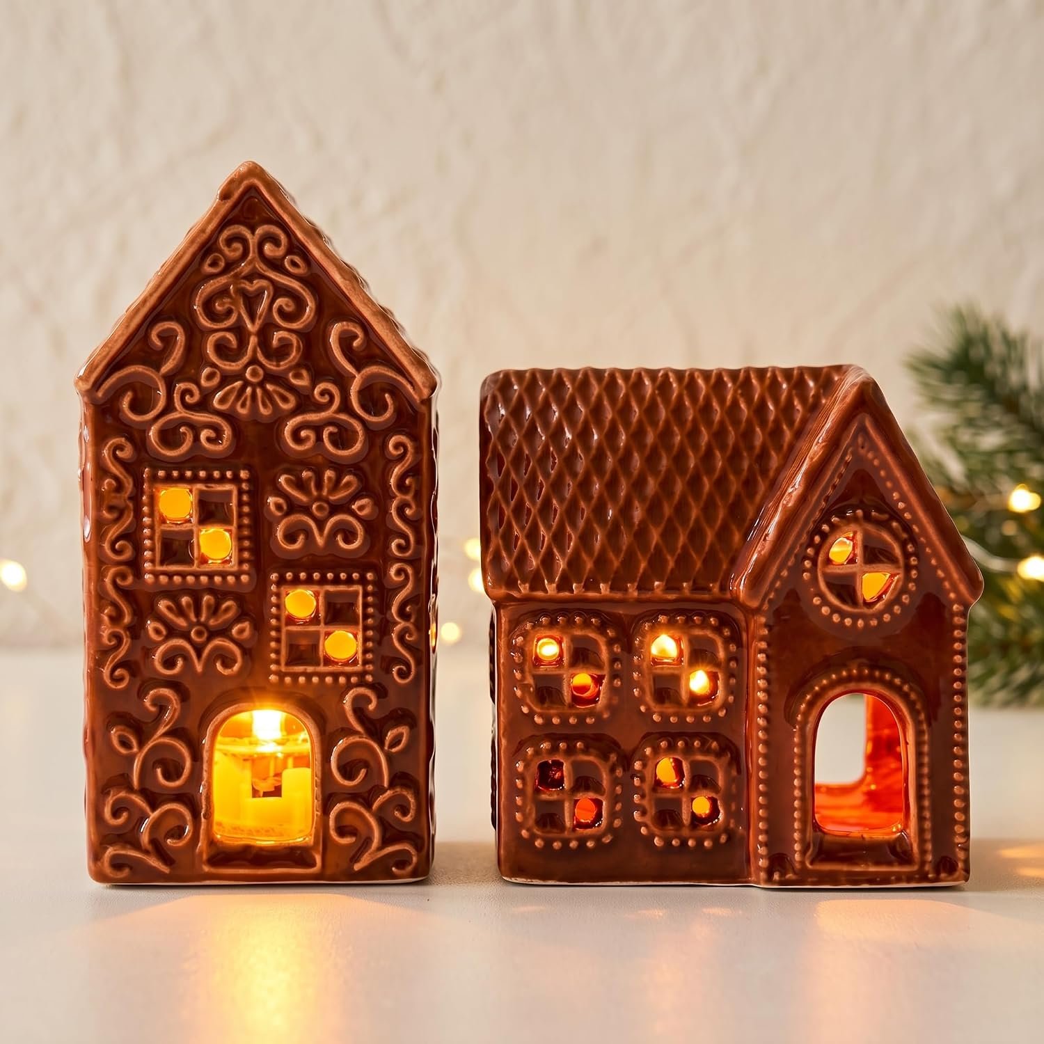 LED Ceramic Gingerbread Houses for Christmas Village, 2Pcs with Timer