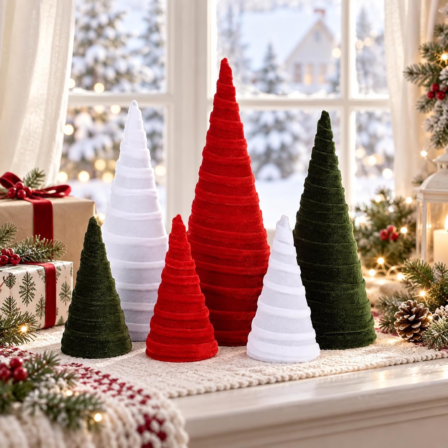 6 Pcs Velvet Christmas Cone Trees, Red Green White Flocked